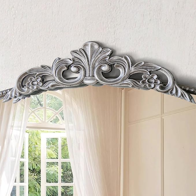 Micasso Vintage Ornate Baroque Mirror, 29" x 36" Large Silver Arched Wall Mirror for Bathroom, Living Room, Fireplace, and Bedroom