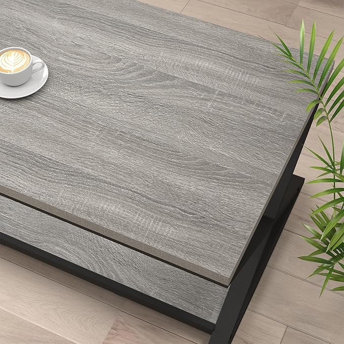 HSH Rustic Grey Coffee Table, Modern Minimalist Living Room Table with Storage Shelf, Industrial Simple Metal Wooden Center Table, 2 Tier Rectangle Cocktail Tea for Home Office Bedroom, 39 Inch
