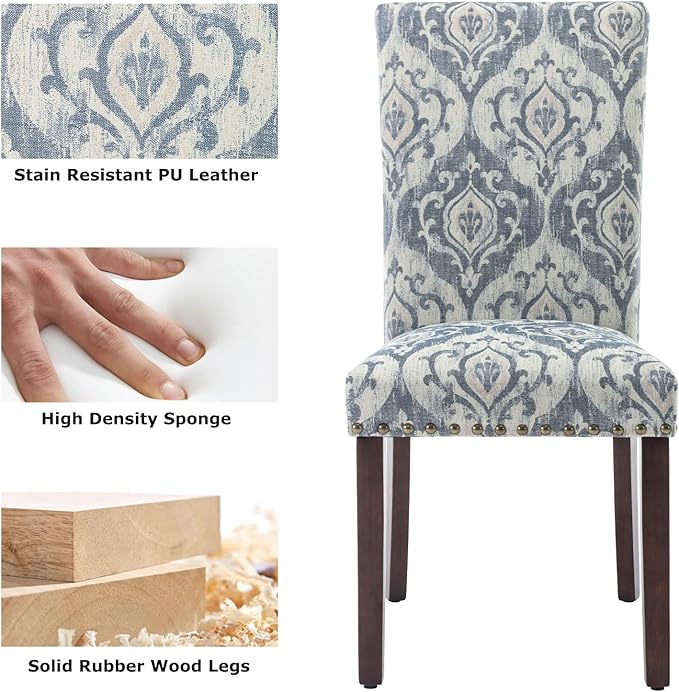 COLAMY Upholstered Parsons Dining Chairs Set of 6, Fabric Dining Room Kitchen Side Chair with Nailhead Trim and Wood Legs - Blue/White Flower