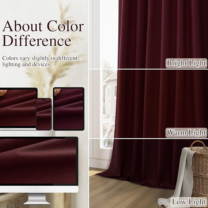 Guken Burgundy 100% Blackout Linen Curtains 84 Inch Length 2 Panels Set - Image 7