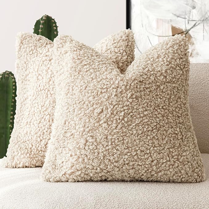 Foindtower 2 Pieces 24x24 Inch Light Khaki, 100% Polyester Throw Pillow Cover Accent Sherpa Pillow Fuzzy Soft Pillowcases Sheepskin Decorative Fleece Cushion Case for Bed Couch Living Room