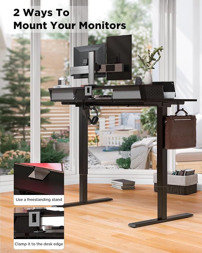 55x24 Inch Standing Desk with Double Drawers, C-Clamp Mount Compatible, Electric Adjustable Height Computer Stand Up Desks, Home Office Sit Stand Table with 3 Preset Heights & 2 Hooks, Black