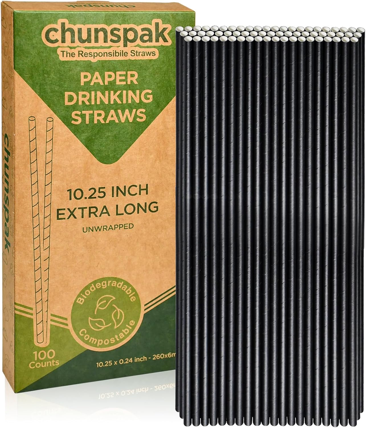 10 Inch Tall Disposable Black Paper Drinking Straws, 0.24" Diameter - Pack of 100