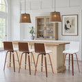 Vienna Modern Swivel Bar Height Stool with Snow White Faux Leather Seat and Walnut Finished Wood Frame Set of 3