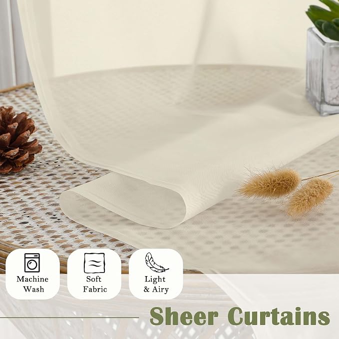 Lecloud Cream Sheer Curtains 120 Inches Long 2 Pcs, Rod Pockets Voile Living - Image 8