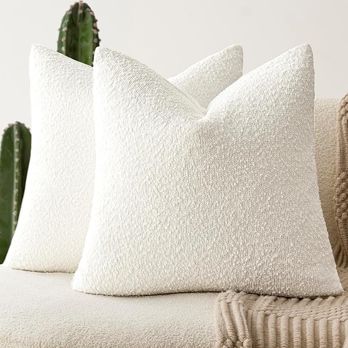 Foindtower Pack of 2 Textured Boucle Throw Pillow Covers Accent Solid Pillow Cases Cozy Soft Decorative Couch Cushion Case for Chair Sofa Bedroom Living Room Home Decor, 18 x 18 Inch,White