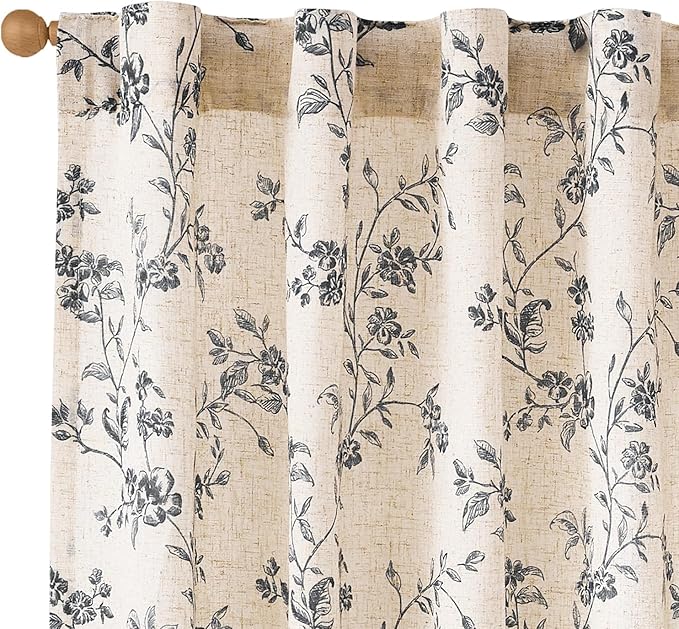 Lazzzy Black Floral Linen Curtains 63 Inch Farmhouse Back Tab Drapes by Lazzzy