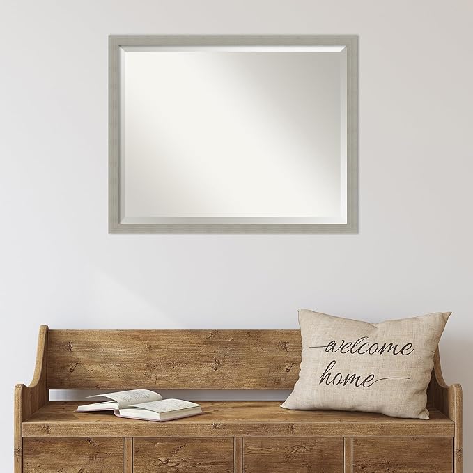 Amanti Art Grey Wall Mirror 24x30 Woodgrain Stripe Grey Rectangle Bathroom Mirror for Wall Decor Living Room, Large Casual Wood Frame, Hangs Horizonally and Vertically, Bathroom Decor, Beveled Edge