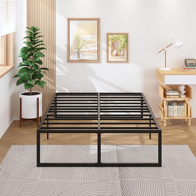 18 Inch Queen Bed Frame with Cover Skirt, Heavy Duty Steel Slat Support Metal Platform Bed Frame Queen Size No Box Spring Needed, Easy Assembly, Black and Blue