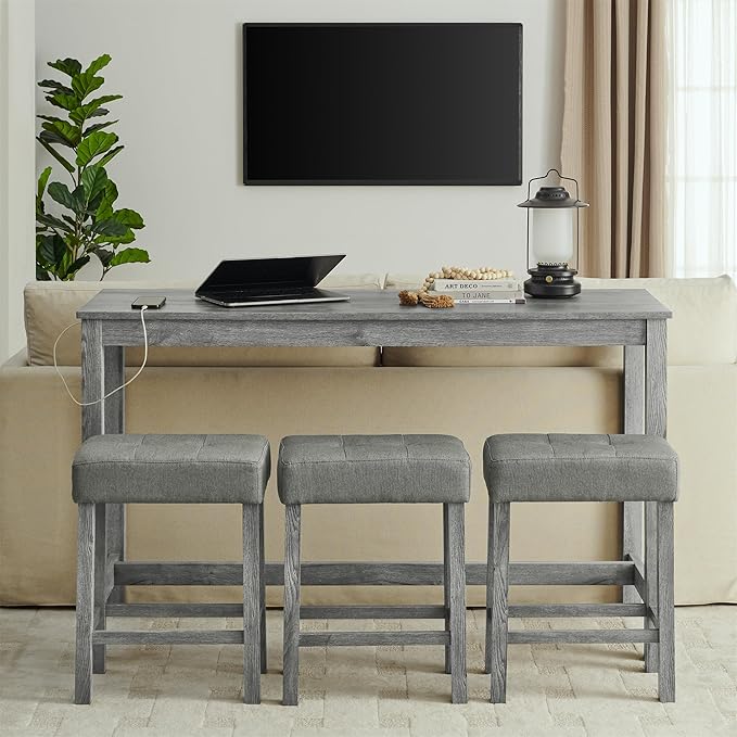 Ball & Cast 4 Piece Kitchen Dining Room Table and Chairs Set, Farmhouse Wooden Counter Height Bar-Sets w/USB Ports & Power Outlet & 3pcs Stools, 59" Sofa-Table Barstool w/Charging Station, Grey