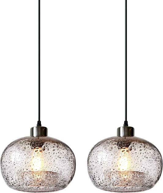 CASAMOTION Pendant Lights Kitchen Island,Clear Seeded Glass with Black Sand Powder,Modern Farmhouse Ceiling Hanging Lighting Fixtures,Dining Room Table Bedroom Oval Globe 8.7 Inch Diam 2 Pack