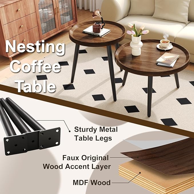 Small Round Coffee Table Set of 2, Walnut Coffee Tables for Living Room, Mid Century Modern Nesting Coffee Table, Wood Circle Center Tables, Black Wooden Side End Table, mesa de Centro para sala