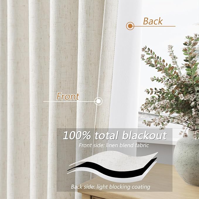 Beige White 100% Blackout Linen Curtains 120 Inch Length 2 Panels Set - Image 4