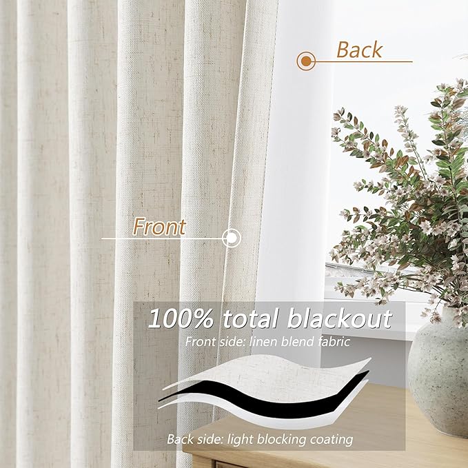 Beige White 100% Blackout Linen Curtains 100 Inch Length 2 Panels Set - Image 4