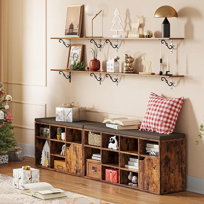 DINZI LVJ Long Wall Shelves, 31.5 Inch Large Floating Shelves Set of 2, Wide Display Shelf Wall Mounted with Brackets, Easy Hanging for Living Room, Toilet, Office, Bedroom, Rustic Brown
