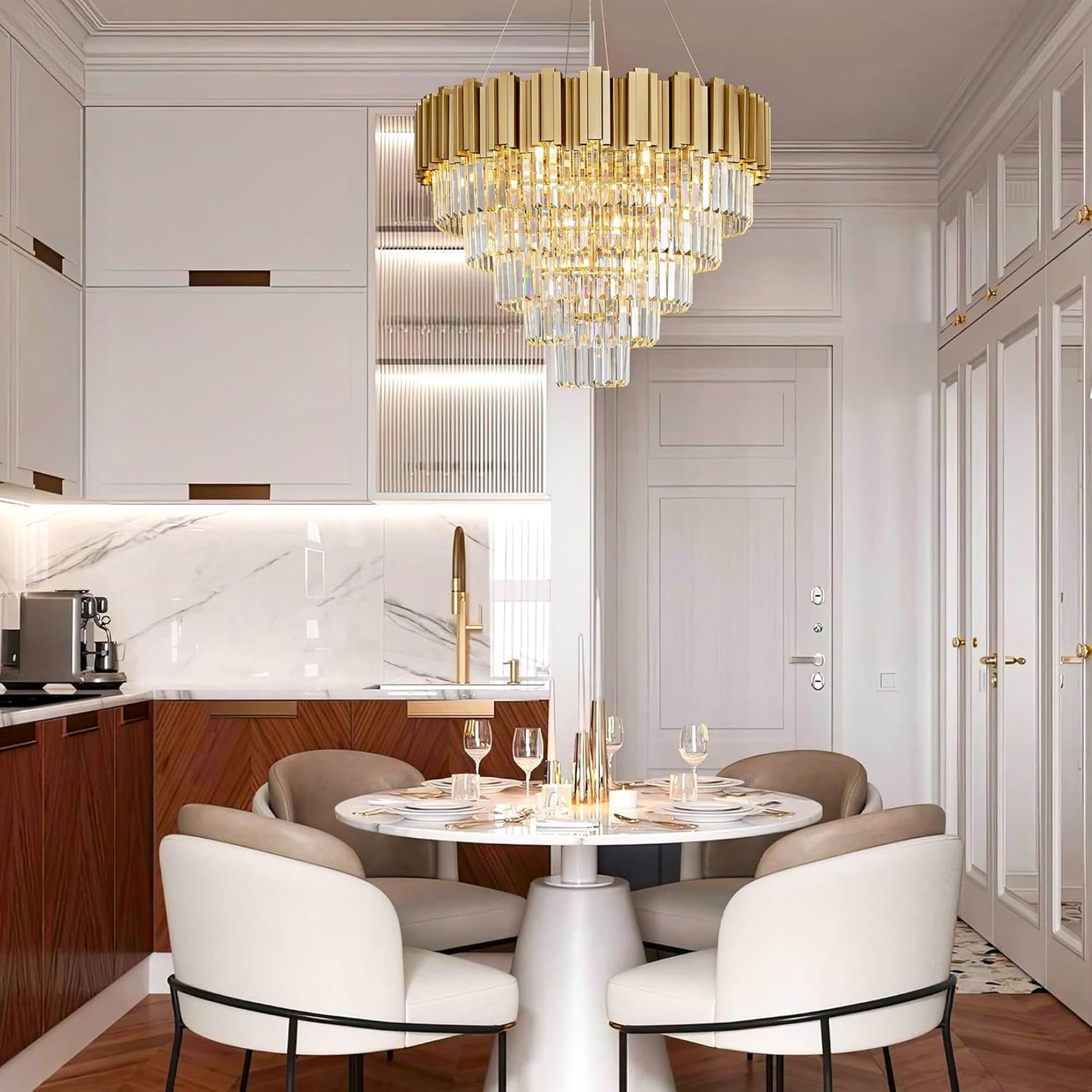 Modern Crystal Chandelier, 27.5" Gold Chandelier for Dining Room, 9-Light Luxury Round Chandeliers, 5-Tier Contemporary Light Fixture for Living Room, Bedroom, Foyer, Entryway