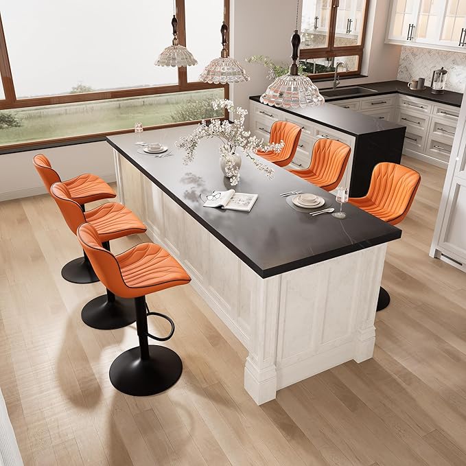 YOUNIKE 3 Orange Bar Stools Modern Swivel Counter Height Bar Chair with Back Adjustable Kitchen Island Faux Leather Padded Barstools taburetes de bar Breakfast sillas para barra de cocina 3PCS