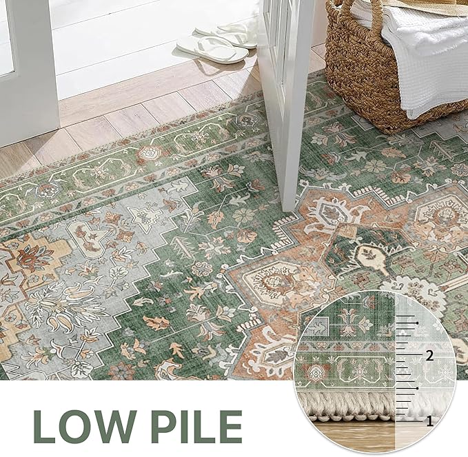 GENIMO 7x10 Area Rugs for Living Room, Machine Washable Non Slip Vintage Rugs, Low Pile Lightweight Chenille Print Rug for Bedroom, Dining Room, Home Office,Sage Green