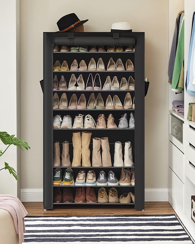 SONGMICS Shoe Rack with Non-Woven Fabric Cover, 9 Tier Storage Shelf for 40-50 Pairs of Shoes, Entryway, Suitable for Sneakers, High Heels, Flats, and Boots, Black URXJ36HV1