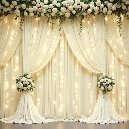 Beige Backdrop Curtains with Lights String for Parties,10x10FT Wrinkle Free Polyester Wedding Photo Backdrop Curtains for Baby Shower Birthday Ceremony Reception Home Party Decorations
