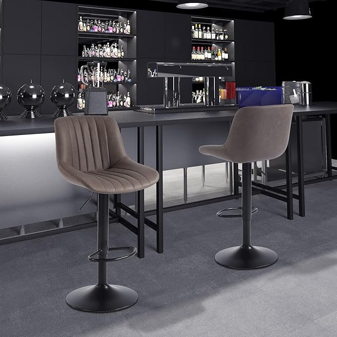 Bar Stools Set of 3, Swivel Counter Height Barstools with Back, Adjustable PU Leather Bar Chairs, Modern Armless Kitchen Island Stool, Brown