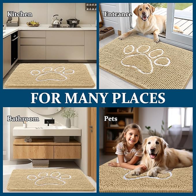 OLANLY Door Mat for Muddy Dog Paws 40x32, Ultra Absorbent Chenille Mud Doormat with Paw Print Design, Non-Slip Washable Doormat for Indoor Entryway, Quick-Dry Pet Bed Mats for Dirty Dogs, Beige