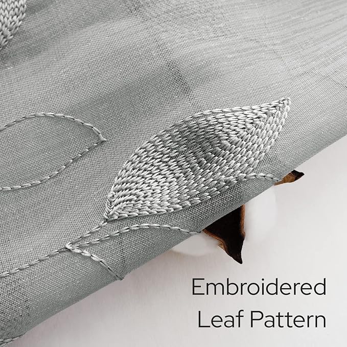 HOMEIDEAS Grey Sheer Kitchen Curtains 30 X 36 Inch Length 2 Panels Embroidered - Image 2