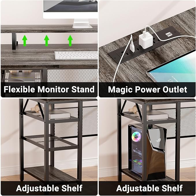 L Shaped Computer Desk with Magic Power Outlets and Smart LED Light, Reversible Office Corner Desk with Ergonomic Monitor Stand, Large Gaming Table with Storage, Sleek Grid Design, Black Oak