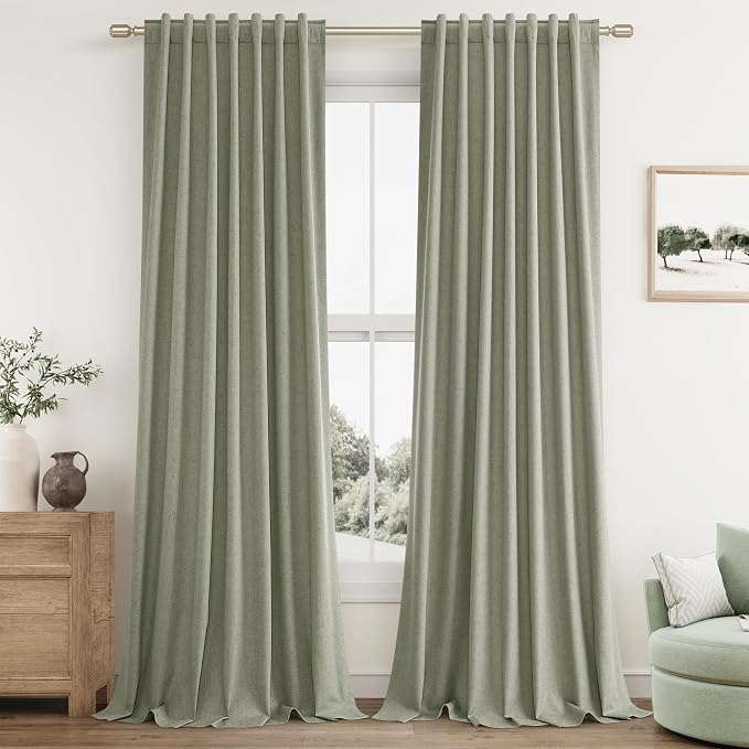 Sage Green 100% Blackout Linen Curtains 92 Inch Length 2 Panels Set by Guken