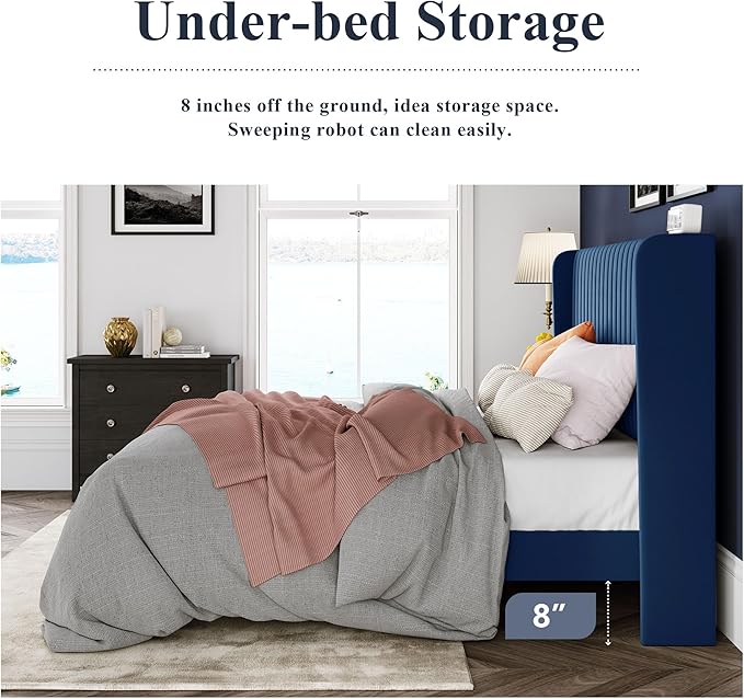 Allewie King Size Velvet Bed Frame/Vertical Channel Tufted Wingback Headboard/Upholstered Platform Bed/Strong Wooden Slats/No Box Spring Needed/Easy Assembly/Blue
