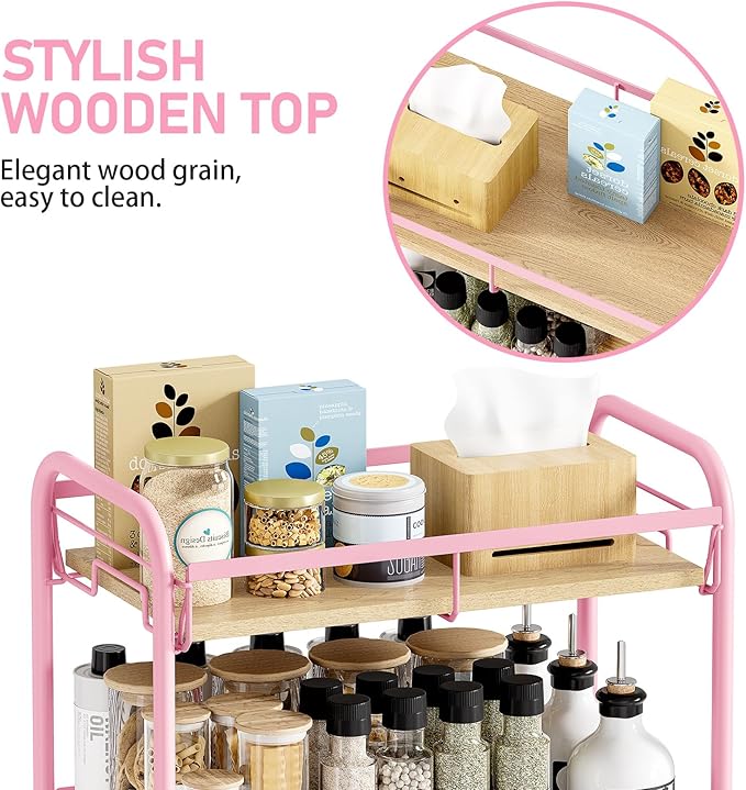 KINGRACK 4-Tier Wide Metal Rolling Storage Cart, Utility Cart with Wooden Tabletop for Laundry, Bathroom, Kitchen, Apartments, Dormitory (Pure Pink, Wide)