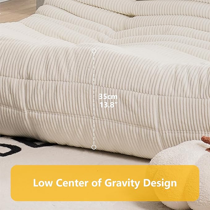 N&V Fireside Three Seater Sofa, Mid Century Armless Twin Size Floor Lounge Chair, Soft Premium Corduroy Accent Chair for Living Room, Bedroom (Ivory)