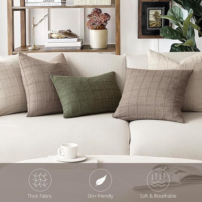 Foindtower Set of 2 Decorative Linen Check Throw Pillow Covers Neutral Farmhouse Vintage Cushion Covers Modern Boho Home Decor for Sofa Chair Couch Bedroom Living Room Outdoor,22×22 Inch,Tan Taupe