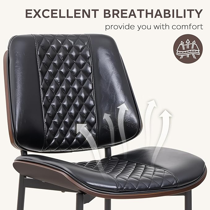 Dining Chairs Set of 4, Upholstered PU Leather Armless Chair, Mid Century Modern Dining Room Chairs, Retro Walnut Bentwood Kitchen Chair with Metal Legs and Adjustable Feet, Black