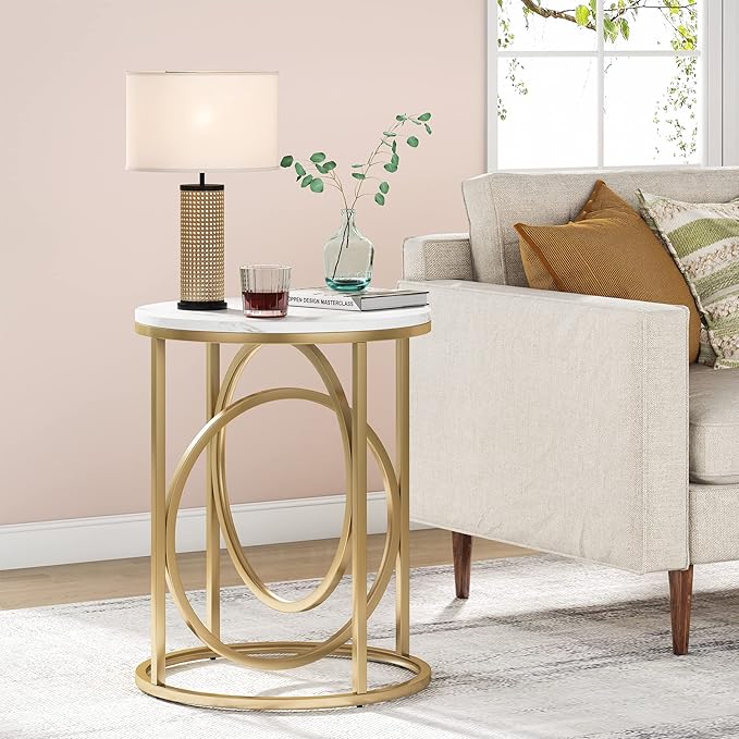 Tribesigns Round End Table for Living Room Set of 2, Modern Marble Side Table with Gold Metal Frame, White and Gold Accent Table, 26-Inch Tall Narrow Nightstand for Bedroom