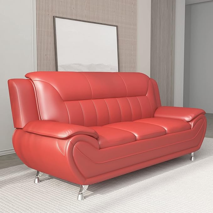 Container Furniture Direct Michael Modern Faux Leather Upholstered Stainless Steel Legs Living Room Sofa, Loveseat, Persian Red