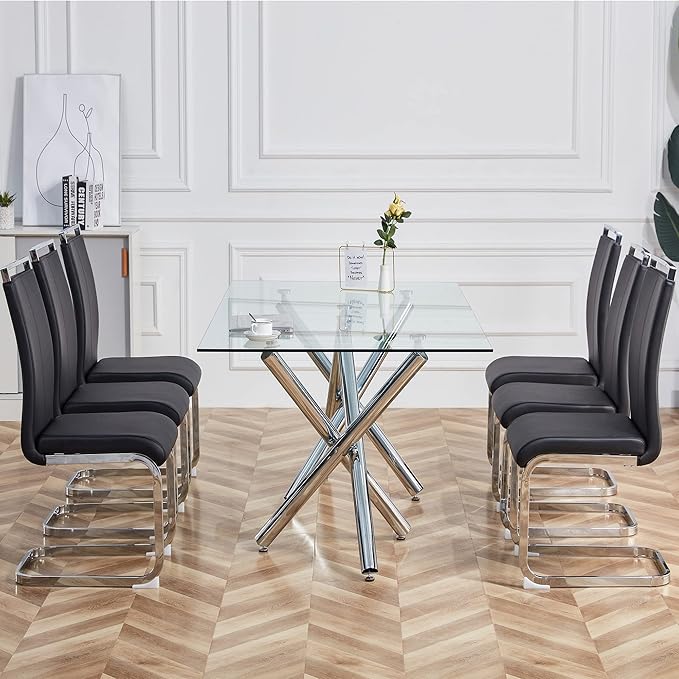 Dining Chairs Set, Kitchen Modern Metal Chairs with Faux Leather Padded Seat High Back and Sturdy Chrome Legs, Chairs for Dining Room (Black, Set of 6)