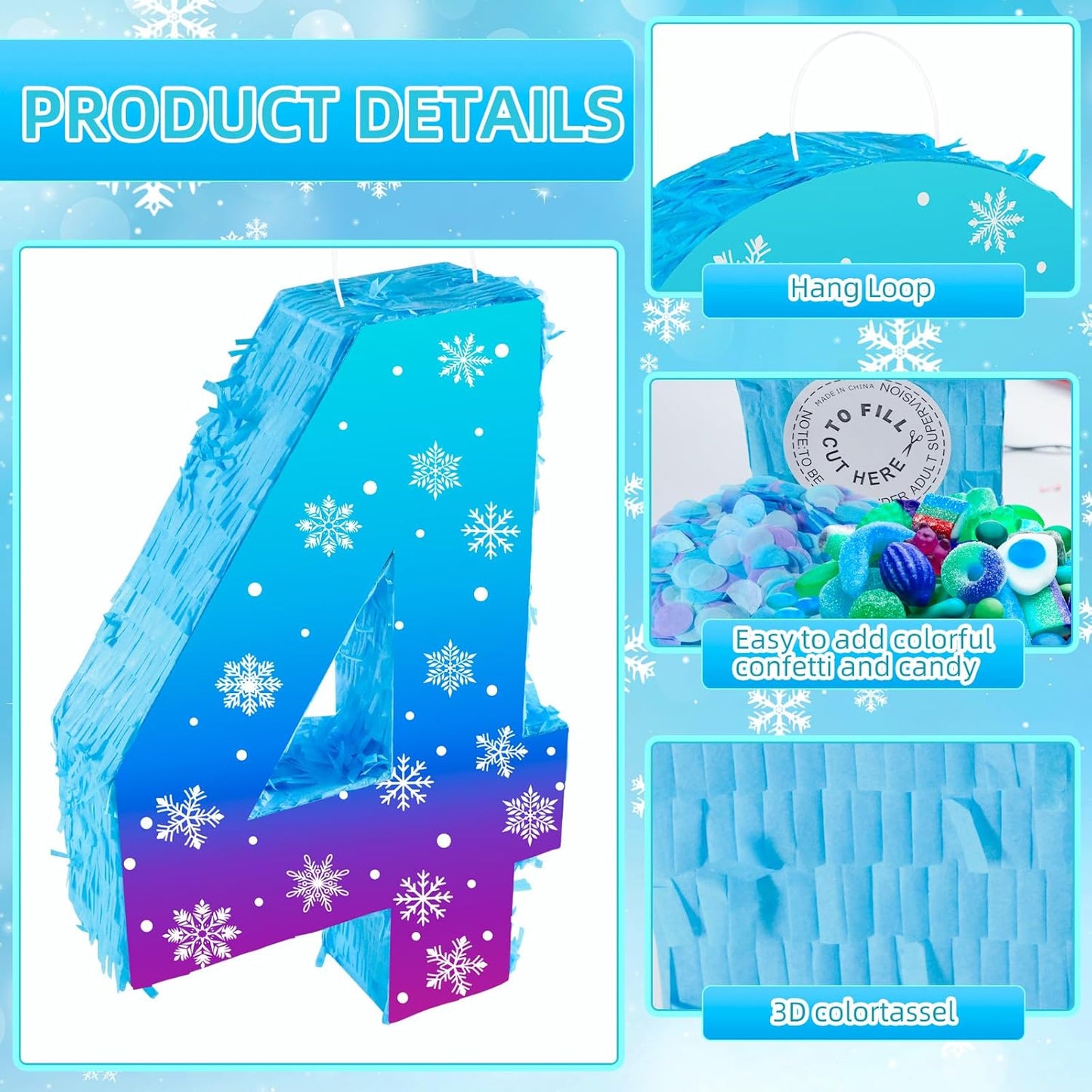 Snowflake Birthday Decorations, Winter Ice Snowflake Number 3 Pinata with Stick Blindfold and Confetti Snowflake Piñata 3rd Birthday Party Decoration & Supplies (Snowflake 4)