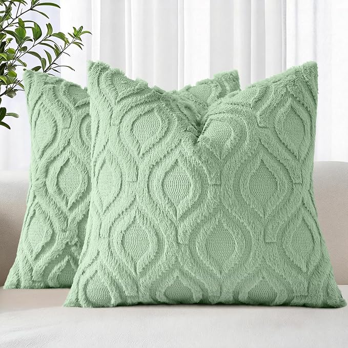 decorUhome Throw Pillow Covers 16x16 Inch Set of 2, Soft Plush Faux Wool Sage by decorUhome