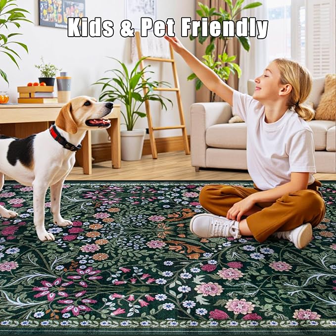 8x10 Area Rugs for Living Room: Floral Washable Rug Vintage Large Soft Boho Non-Slip Carpet Indoor Floor Stain Resistant Carpets for Bedroom Dining Room Farmhouse Nursery Home Office Dark Green
