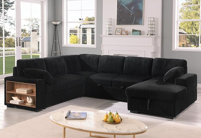 Eafurn Oversized U Shaped Convertible Sleeper Sectional Sofa w/Pull Out Couch Bed, 6 Seater Corduroy Upholstered Corner Lounge Sofa Couch Sleeper Sofabed w/Storage Chaise,Shelves