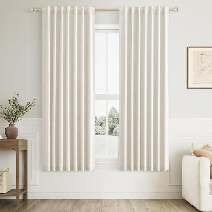 Cream 100% Blackout Linen Curtains 63 Inch Length 2 Panels Set by Guken