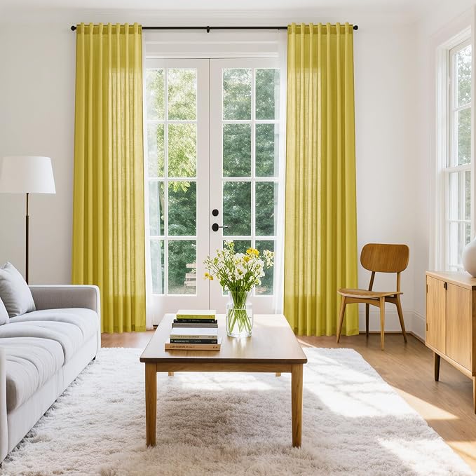 Nanspring Celery Yellow Linen Curtains 84 Inch Length 2 Panels Set - Image 8