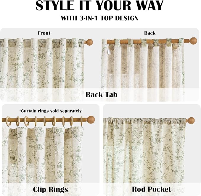 Lazzzy Linen Farmhouse Curtains Green Floral Curtains 63 Inch Length Back Tab - Image 5