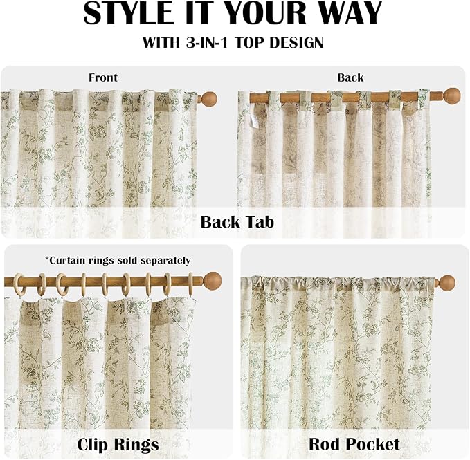 Lazzzy Green Floral Linen Curtains 84 Inch Farmhouse Back Tab Drapes - Image 4