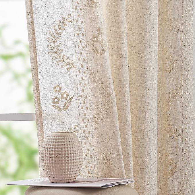 jinchan Belrose Linen Curtains for Bedroom Floral Curtains 84 Inch Length Linen by JINCHAN