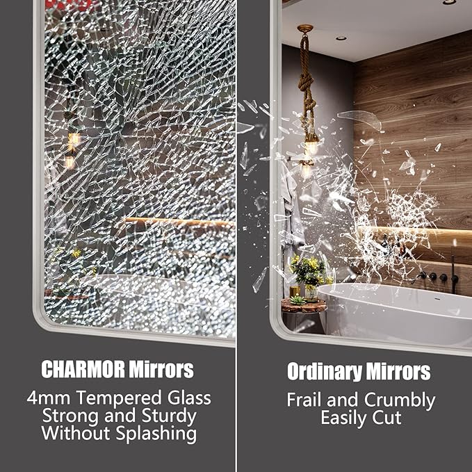 55x30 Silver Bathroom Mirror for Wall, Brushed Metal Silver Framed Bathroom Vanity Mirror, Rounded Corner Rectangle Mirror, Shatterproof, Anti-Rust (Horizontal/Vertical)