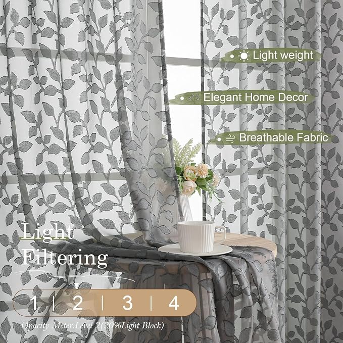 Chyhomenyc Charcoal Grey Sheer Curtains 63 Inch Length 2 Panels Set, Light - Image 2