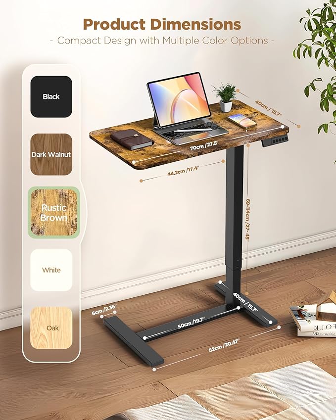 Electric Adjustable Height Standing Desk - Small Sit Stand Portable Rolling Laptop Table with Hidden Wheels, Small Computer Workstation for Bedside & Home Office Use (28"x16",Rustic Brown)