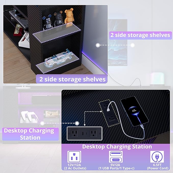 IRONCK Entertainment Center with Storage, 55 Inch Tall TV Stand W/Power Outlet, LED Gaming TV Cabinet for PS4, Black TV Stand with Carbon Fiber
